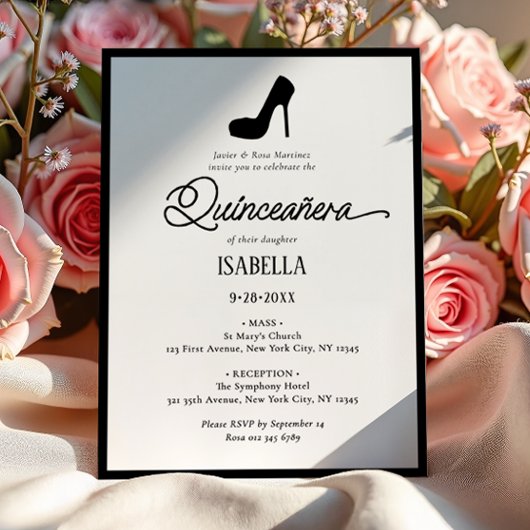 Invitation Elégant minimaliste noir & blanc Quinceañera