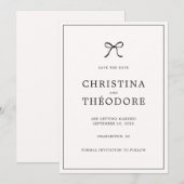 Invitation Élégant minimaliste noir Bow Enregistrer la date (Devant / Derrière)