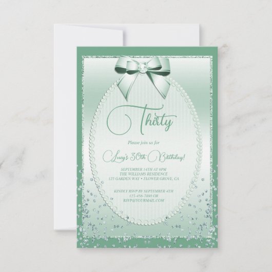 Invitation Elégant Mint Green Bijoux Bow & Confetti Anniversa (Devant)