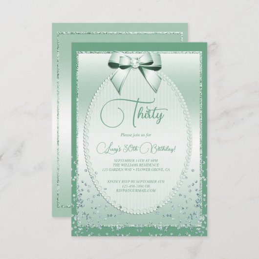 Invitation Elégant Mint Green Bijoux Bow & Confetti Anniversa (Devant / Derrière)