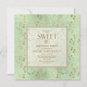 Invitation Elégant Mint Green Gold Sweet 16