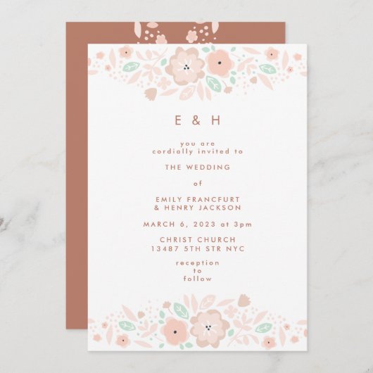 Invitation Elégant Mint Terracotta Boho Mariage de petites fl (Devant / Derrière)