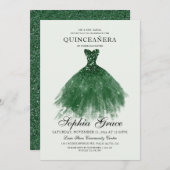 Invitation Elégant Mis Quince Parties scintillant verte Quinc (Devant / Derrière)