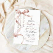 Invitation Élégant Mocha Bow & Rosary Baptême