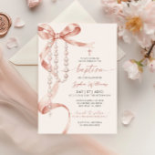 Invitation Élégant Mocha Bow & Rosary Baptême