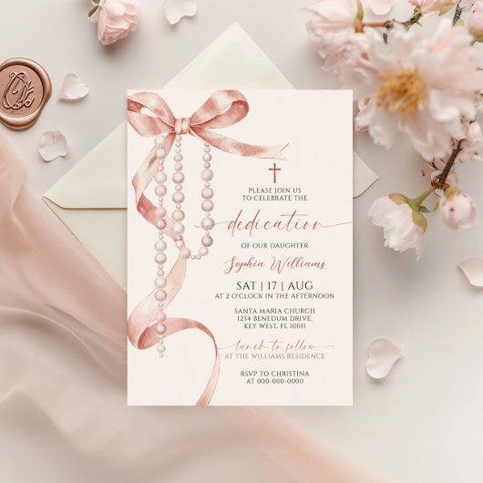Invitation Élégant Mocha Bow & Rosary Dedication