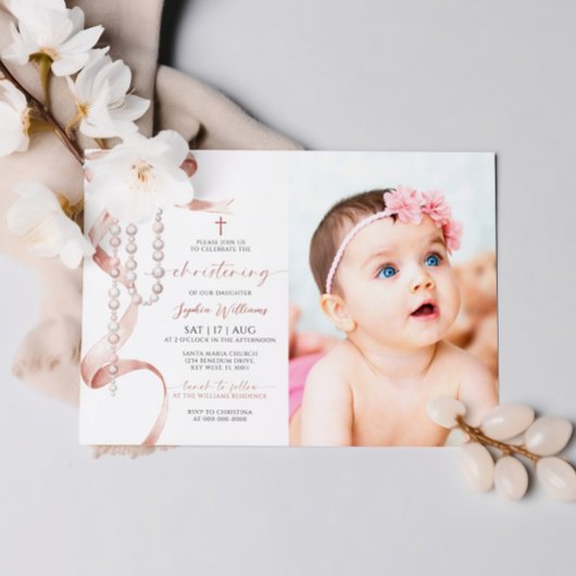 Invitation Elégant Mocha Bow & Rosary Photo Christening