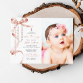 Invitation Elégant Mocha Bow & Rosary Photo Christening