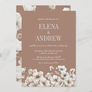 Invitation Elégant Mocha Floral Brown et Mariage blanc