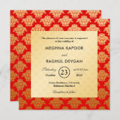 Invitation Elégant modèle rouge or Damask Mariage indien (Devant / Derrière)