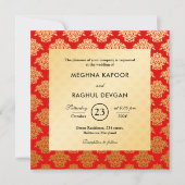 Invitation Elégant modèle rouge or Damask Mariage indien (Devant)