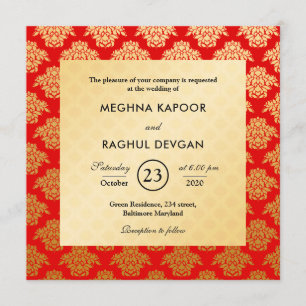 Invitation Elégant modèle rouge or Damask Mariage indien