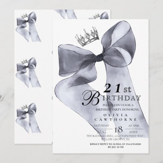 Invitation Elegant Modern Black Bow Birthday Party (Devant / Derrière)