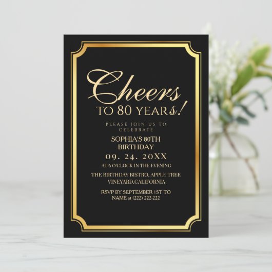 Invitation Elegant Modern Black Surprise 80th Birthday (Debout devant)