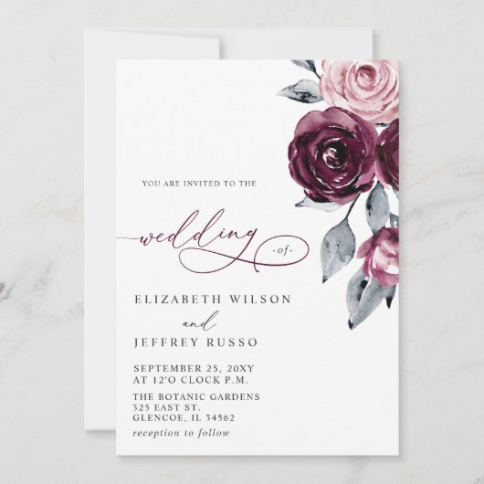 Invitation Elegant Modern Burgundy Floral Wedding (Devant)
