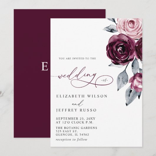 Invitation Elegant Modern Burgundy Floral Wedding (Devant / Derrière)