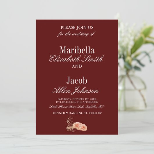 Invitation Elegant Modern Burgundy & White Rose Wedding  (Debout devant)