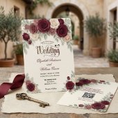 Invitation Elegant Modern Calligraphy Burgundy Rose QR Code