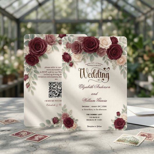 Invitation Elegant Modern Calligraphy Burgundy Rose QR Code