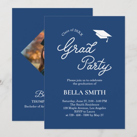 Invitation Elegant Modern Calligraphy Photo Graduation Party  (Devant / Derrière)