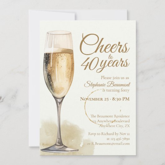 Invitation Elegant Modern Champagne Cheers 40th Birthday (Devant)