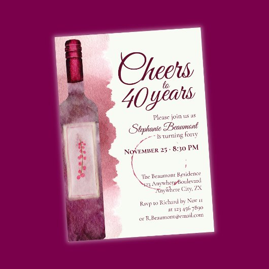 Invitation Elegant Modern Cheers Red Wine 40th Birthday Party