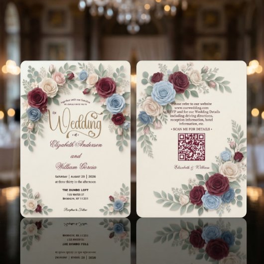 Invitation Elegant Modern Floral All In One QR Code Wedding