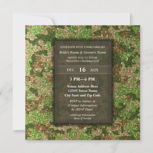 Invitation Elegant Modern Glitter Camouflage Military Wedding (Devant)