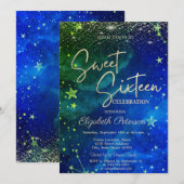 Invitation Elegant Modern Gold Stars Blue Green Sweet 16 (Devant / Derrière)