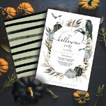 Invitation Elegant Modern Halloween Party<br><div class="desc">Celebrate Halloween with the simple and modern Halloween party invitation. Features flying bats, raven, black and grey pumpkins, spider and dried branches and leaves. Neutral color scheme of black, grey, khaki green and tan. Great for a day of the dead, Halloween or a birthday, bachelorette or any celebration around the...</div>