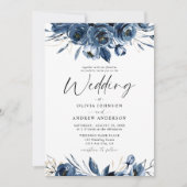 Invitation Elegant Modern Navy Blue and Silver Floral Wedding (Devant)