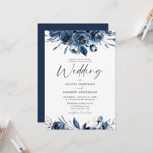Invitation Elegant Modern Navy Blue and Silver Floral Wedding (Devant/Arrière en situation)