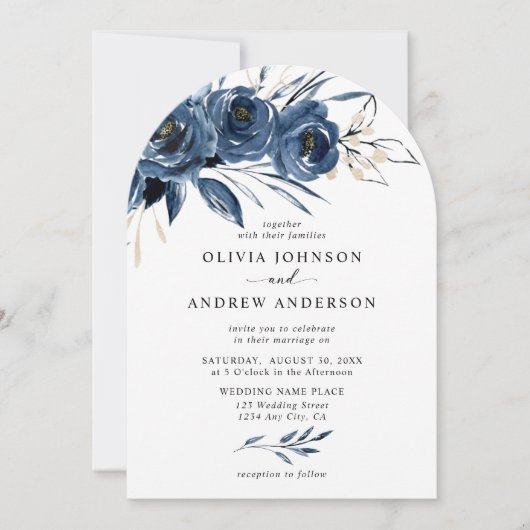 Invitation Elegant Modern Navy Blue Arch Floral Wedding (Devant)