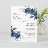 Invitation Elegant Modern Navy Blue Floral Wedding (Debout devant)