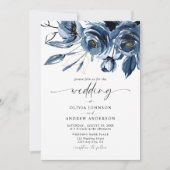 Invitation Elegant Modern Navy Blue Flowers & Script Wedding (Devant)