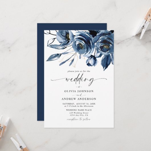 Invitation Elegant Modern Navy Blue Flowers & Script Wedding (Devant/Arrière en situation)