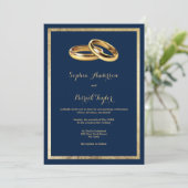 Invitation Elegant modern navy blue gold rings Wedding (Debout devant)