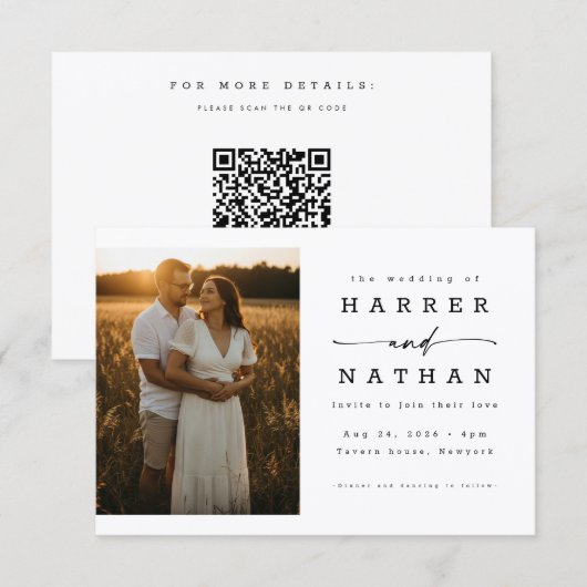 Invitation Elegant Modern Script Photo QR Code Wedding (Devant / Derrière)