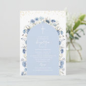 Invitation Elegant Modern Watercolor Blue Flowers Baptism (Debout devant)