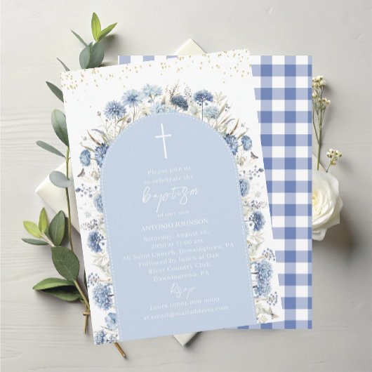 Invitation Elegant Modern Watercolor Blue Flowers Baptism
