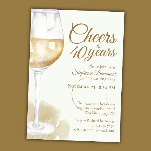 Invitation Elegant Modern White Wine Cheers 40th Birthday