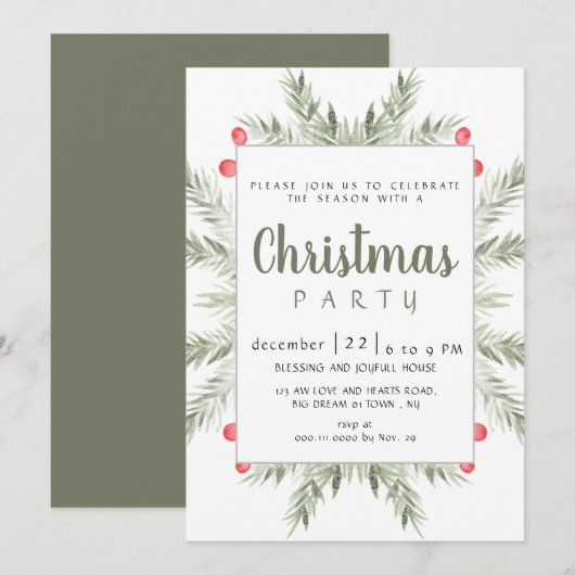 Invitation Elegant Modern Winter Greenery Christmas Party (Devant / Derrière)