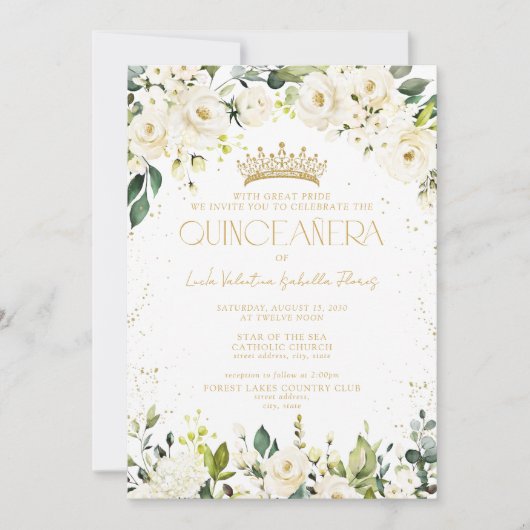 Invitation Elégant moderne blanc or Floral QR Quinceañera (Devant)