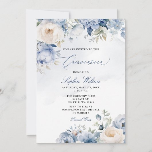 Invitation Elégant moderne bleu bleu bleu bleu floral Quincea (Devant)