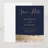 Invitation Élégant Moderne, Bleu Marine, Feuille d'Or (Devant / Derrière)