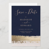 Invitation Élégant Moderne, Bleu Nuit, Feuille d'Or (Devant / Derrière)