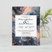 Invitation Élégant Moderne Chic Bleu Nuit & Marbre Rose (Debout devant)