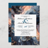Invitation Élégant Moderne Chic Bleu Nuit & Marbre Rose (Devant / Derrière)