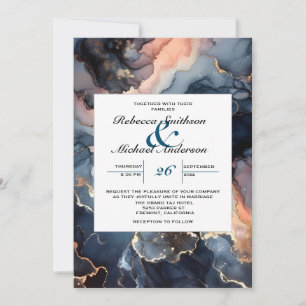 Invitation Élégant Moderne Chic Bleu Nuit & Marbre Rose