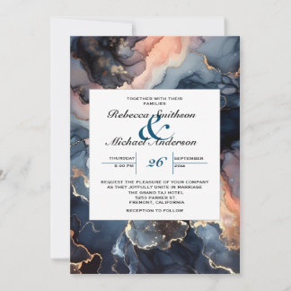 Invitation Élégant Moderne Chic Bleu Nuit & Marbre Rose